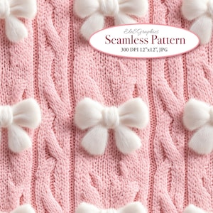 White Cozy Coquette Bows on Pink Knitted Faux Embroidery Seamless 3D Digital Pattern. Commercial Use. 1 JPG