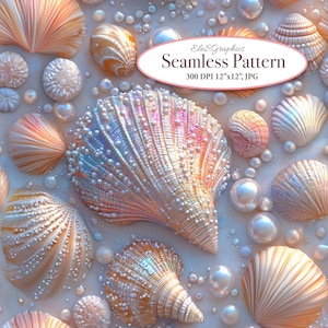 Peut inclure: Un motif sans couture représentant des coquillages irisés et des perles sur un fond blanc. Les coquillages sont de formes et de tailles variées, certains ayant une teinte rose ou orange. Le motif est parfait pour créer un thème plage ou côtier.