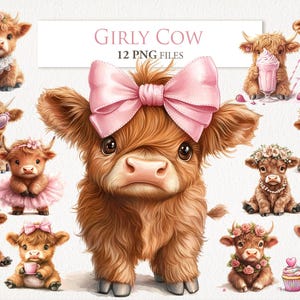 May include: A set of 12 digital illustrations of cute Highland cows with pink bows, flowers, and other girly accessories. The illustrations are in a cartoon style and are perfect for use in scrapbooking, card making, and other craft projects.  Girly Cow 12 PNG Files.