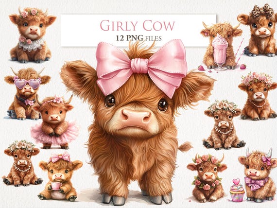 Girly Highland Baby Cow Clipart Bundle. Cute,Coquette. Watercolor Illustration. Junk Journal Scrapbook Shirt Design Digital Download. 12 PNG