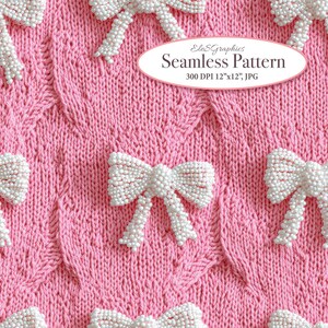 White Beaded Girly Coquette Bows on Pink Knitted Background. Seamless 3D Digital Pattern. Commercial Use. 1 JPG