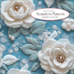 May include: A seamless pattern featuring white floral elements with gold bead centers and pale blue leaves on a light blue background. The design includes lace details and the text "ElesGraphics Seamless Pattern 300 DPI 12"x12", JPG".