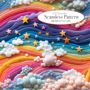 May include: A seamless pattern featuring a rainbow with fluffy clouds and yellow stars on a blue background. The pattern is 300 DPI and 12 inches by 12 inches.