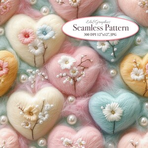 May include: A seamless pattern featuring heart-shaped designs in pastel colors, including pink, blue, and yellow. Each heart is adorned with delicate floral embroidery and surrounded by faux pearls. The text "Seamless Pattern" is displayed.