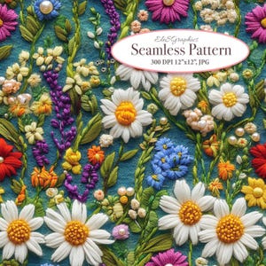 May include: A seamless pattern featuring embroidered flowers in various colors, including white, yellow, pink, purple, and blue, on a teal background. The flowers are arranged in a random pattern and include daisies, forget-me-nots, and other small flowers. The pattern is 300 DPI and 12 inches by 12 inches.