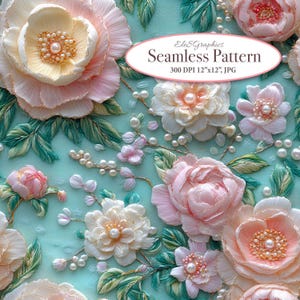 May include: A seamless pattern featuring delicate pink and white flowers with pearl accents on a turquoise background. The flowers are intricately detailed and appear to be made of fabric or embroidery. The pattern is perfect for creating a romantic or vintage aesthetic.