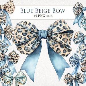 May include: A set of 15 blue and beige bows with a leopard print pattern. The bows are watercolour illustrations and are perfect for adding a touch of elegance to any project.
