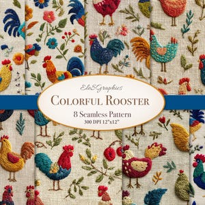Pode incluir: Uma coleção de oito padrões sem costura com galos bordados e desenhos florais. Os galos são em várias cores, incluindo vermelho, azul, amarelo e verde, sobre um fundo bege. O texto "Colorful Rooster" e os detalhes do padrão são exibidos.