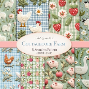 Peut inclure: Une collection de huit motifs sans couture sur le thème de la ferme cottagecore. Les motifs présentent des broderies de moutons, de poulets, de fraises, de vaches, de cochons, de pommes et d'oies. Les motifs sont sur divers fonds, dont des carreaux et des motifs floraux.