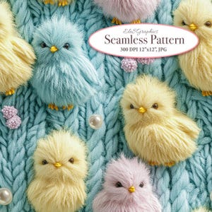 Peut inclure: Un motif sans couture représentant des poussins duveteux de couleur pastel sur un fond bleu tricoté. Les poussins sont disposés en un motif répétitif, créant un design fantaisiste et charmant.