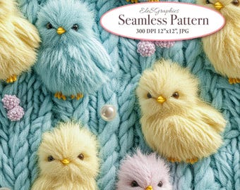 Spring Easter Chick Seamless Pattern. Repeating File. Digital Download. Knitted Felted Faux Embroidery 3D. Commercial Use. For Fabric. 1 JPG