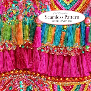 May include: A vibrant, seamless pattern featuring a kaleidoscope of colors. The design includes rows of bright pink tassels, beaded embellishments, and colorful fringe. The text "ElesGraphics Seamless Pattern 300 DPI 12"x12", JPG" is displayed.