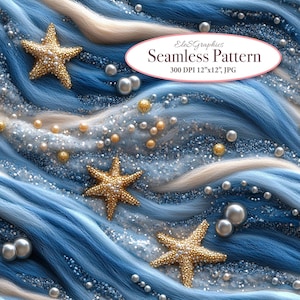 以下が含まれることがあります： 青い糸と白い糸、金色のキラキラと真珠のようなビーズでできたシームレスなパターン。パターンには金色のヒトデも含まれています。