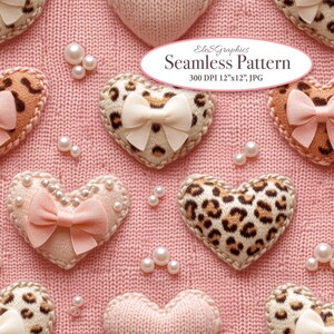 Puede incluir: Un patrón sin costuras con corazones rosas y blancos con tela de estampado de leopardo y adornos de perlas sobre un fondo de punto rosa. El texto "ElesGraphics Seamless Pattern 300 DPI 12"x12", JPG" se muestra en la imagen.