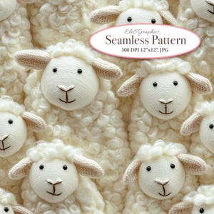 以下が含まれることがあります： 白いふわふわの羊のクローズアップが特徴のシームレスパターン。羊は茶色の目と鼻をしています。パターンは300 DPIで、12インチ×12インチです。