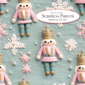 May include: A seamless pattern with repeating toy nutcracker soldiers in pink and teal, wearing gold crowns. The background is a light blue knit texture with embroidered snowflakes and pearls. The text "EleSGraphics Seamless Pattern" is in a white oval.