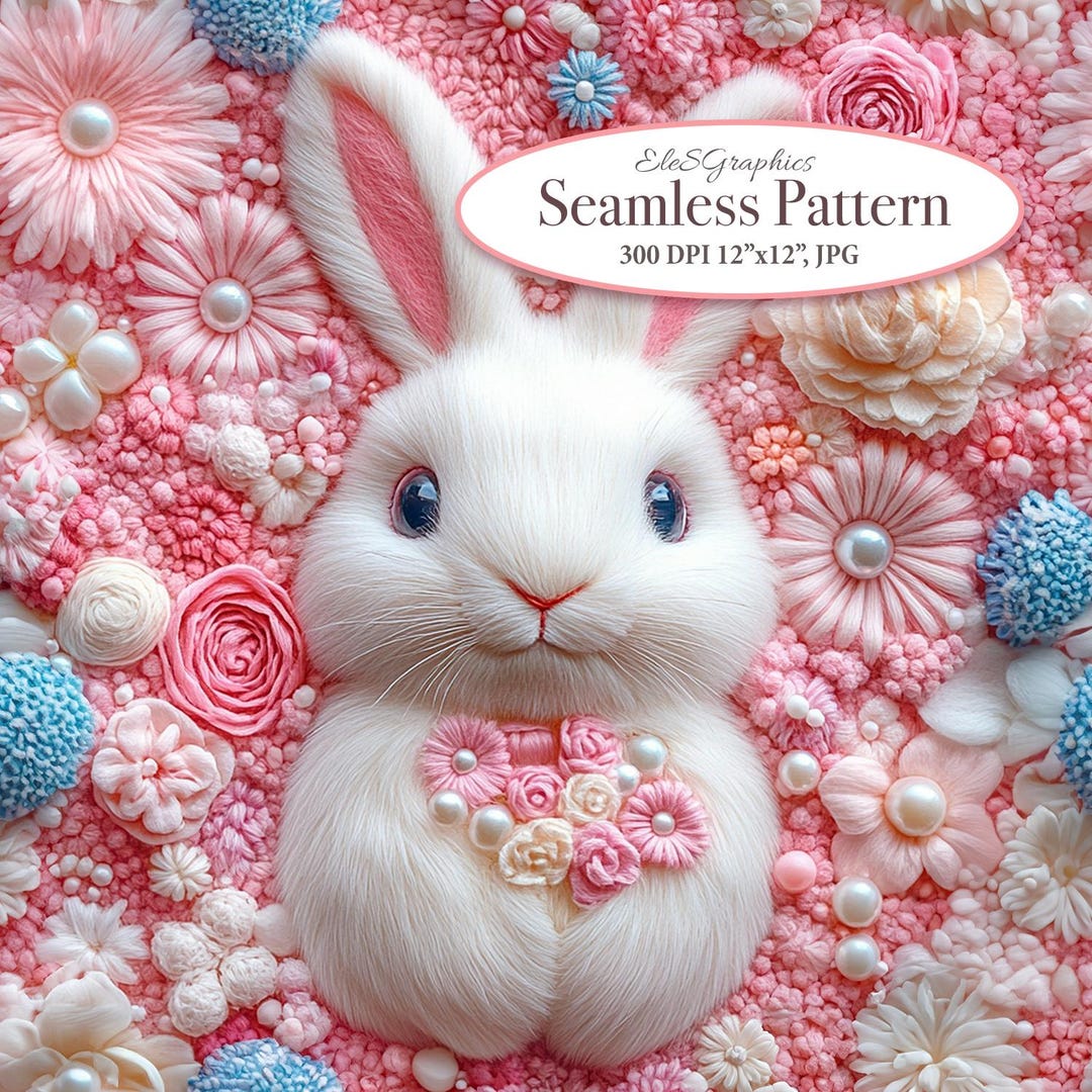 Easter Bunny Rabbit Floral Seamless Pattern. Digital Download. Knitted ...