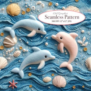 May include: Seamless pattern featuring three dolphins in shades of blue and pink, set against a textured blue background resembling ocean waves. The design includes seashells, pearls, and the text "Seamless Pattern".