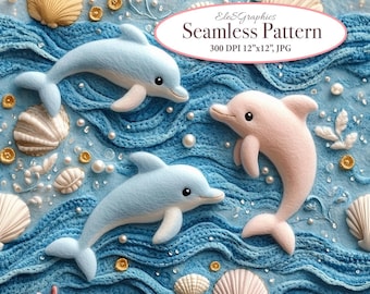 Felted Cute Dolphin Pearls Ocean Underwater 3D Seamless Pattern. Faux Embroidery. Digital Paper Fabric Sublimation. Commercial Use. 1 JPG