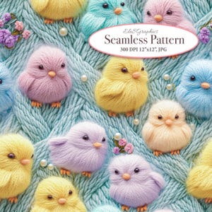 Könnte beinhalten: Ein nahtloses Muster mit verschiedenen pastellfarbenen, flauschigen Küken auf einem hellblauen gestrickten Hintergrund. Das Muster hat 300 DPI und ist 12 Zoll mal 12 Zoll groß.