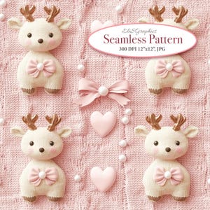 Cozy Baby Deer Reindeer Heart Bow on Pink. Nursery Newborn Style. Knitted Faux Embroidery Seamless 3D Digital Pattern. Commercial Use. 1 JPG