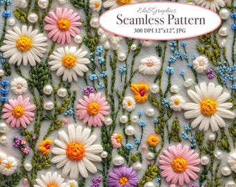 Pode incluir: Um padrão sem costura que apresenta flores bordadas em tons de rosa, branco, amarelo e azul, com detalhes de pérolas sobre um fundo azul claro. O texto "Eles&Graphics Seamless Pattern 300 DPI 12"x12", JPG" é exibido em um oval branco.