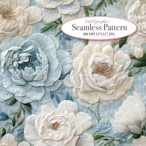 以下が含まれることがあります： 白、クリーム、水色の大きな花柄のシームレスパターン。 花は、刺繍のような質感があります。 テキスト「Seamless Pattern」はピンクの楕円形で表示されます。 300 DPI、30.48 cm x 30.48 cm.