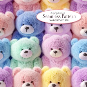 May include: A seamless pattern featuring a variety of pastel-colored teddy bears. The bears are arranged in a close-up, repeating pattern. The bears are all facing forward and have a soft, fuzzy texture.