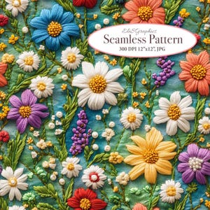 May include: A seamless pattern featuring embroidered flowers in various colors, including white, pink, purple, yellow, and orange. The flowers are arranged on a blue background with green leaves and white pearls.