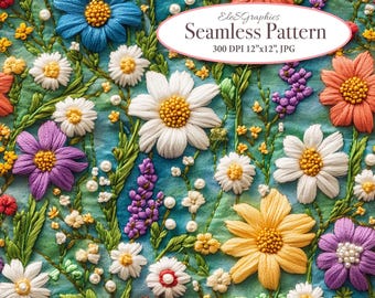 Pode incluir: Um padrão sem costura com flores bordadas em várias cores, incluindo branco, rosa, roxo, amarelo e laranja. As flores são dispostas em um fundo azul com folhas verdes e pérolas brancas.