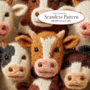 May include: A seamless pattern featuring a repeating design of knitted cow faces in various colors, including brown, white, and black. The cows have pink noses and small, dark eyes. The text "Seamless Pattern" is displayed in a pink oval.
