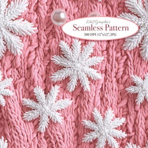 Flocons de neige confortables blancs sur motif numérique 3D sans couture fausse broderie rose en tricot. Utilisation commerciale. 1 JPG