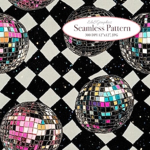 May include: A seamless pattern featuring silver disco balls with multicolored mirrored tiles on a black and white checkered background with scattered glitter.