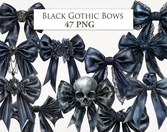 Halloween Black Bows Coquette Clipart Bundle. Watercolor Illustration. Junk Journal, Scrapbook, Shirt Design. Digital Download. 47 PNG