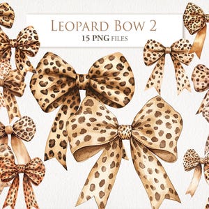 Paquete de imágenes prediseñadas de coqueta con lazos de leopardo en color beige y marrón. Ilustración en acuarela. Diseño de camiseta para álbum de recortes de Junk Journal. Descarga digital. 15 PNG