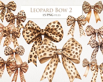 Leopard Beige Brown Bows Coquette Clipart Bundle. Watercolor Illustration. Junk Journal Scrapbook Shirt Design. Digital Download. 15 PNG