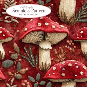 May include: Seamless pattern featuring red mushrooms with white spots and beige gills, scattered with leaves and berries on a red background. The text "Seamless Pattern" and dimensions are visible.