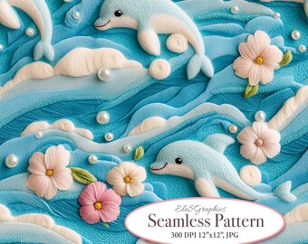 Cute Dolphin Seamless Pattern. Pearls Ocean Underwater 3D Faux Embroidery. Digital Paper Fabric Sublimation. Commercial Use. 1 JPG