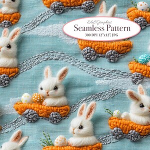 May include: A seamless pattern featuring white bunnies riding in orange toy wagons with grey wheels. The bunnies are holding colourful Easter eggs. The background is a light blue fabric with a white stitched pattern.