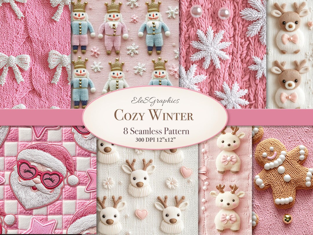 Pink Winter Seamless Repeating Pattern Bundle. Digital Download. Faux ...