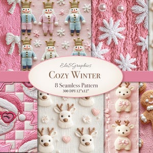 May include: A digital artwork showcasing winter-themed patterns. The designs include nutcrackers, snowflakes, reindeer, and a gingerbread man. The colour scheme is predominantly pink, white, and gold. The text "Cozy Winter" is displayed.
