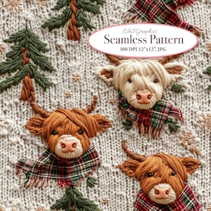 May include: A seamless pattern featuring a white knitted background with embroidered red and green plaid scarves, pine trees, and Highland cattle wearing the scarves. The text "Eles&Graphics Seamless Pattern 300 DPI 12"x12", JPG" is at the top of the image.