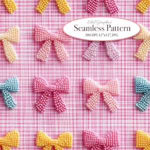 Beaded Girly Pastel Coquette Bows on Pink Gingham Fabric Background. Seamless 3D Digital Pattern. Commercial Use. 1 JPG