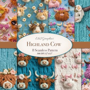 May include: Digital art print showing eight seamless patterns of Highland cows. The cows have different coloured fur, some wearing sunglasses and flower crowns. The text "Highland Cow" and "8 Seamless Pattern" is displayed.