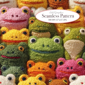 May include: A seamless pattern featuring a repeating design of colorful, textured frog faces. The frogs are in shades of pink, green, yellow, and orange, with embroidered details. The image includes the text "EleGraphics Seamless Pattern 300 DPI 12"x12", JPG."