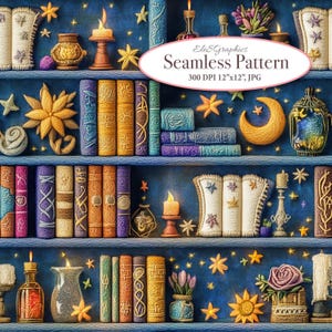 Puede incluir: Un patrón sin costuras que presenta una estantería llena de libros, velas y otros artículos decorativos. La estantería está situada sobre un fondo azul oscuro con estrellas. Los libros son de todos los colores y tienen una variedad de diseños. Las velas están encendidas y proyectan un cálido resplandor. Los artículos decorativos incluyen una luna creciente, una jaula para pájaros y un jarrón de flores.