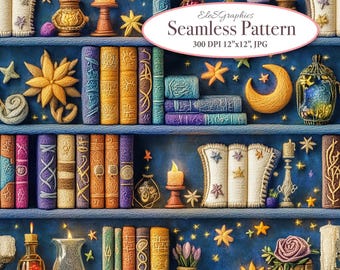 Felted Magic Library Books Seamless Pattern. Digital Download. Faux Embroidery 3D. Commercial Use. Journal Sublimation Fabric Design. 1 JPG