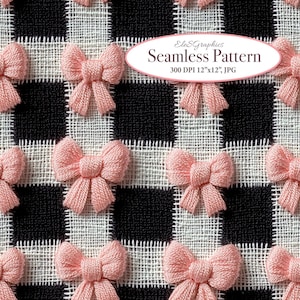 Black White Checkered Seamless Pattern with Pink Coquette Bows. Faux Embroidery. 3D Digital Download. Commercial Use. 1 JPG
