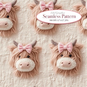 May include: Seamless pattern featuring four brown and white Highland cow faces with pink bows on a white knitted background.  EleSGraphics Seamless Pattern 300 DPI 12"x12", JPG