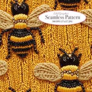 May include: A seamless pattern featuring embroidered bees with black and yellow striped bodies, beaded details, and tan wings. The bees are set against a textured yellow background. The text "Seamless Pattern" is visible.